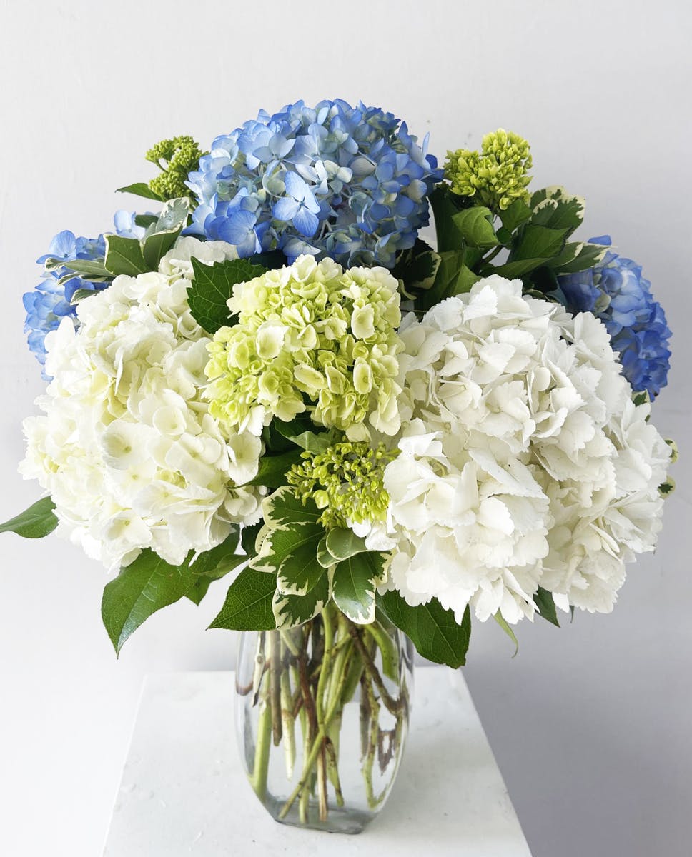 blue and green hydrangea bouquet